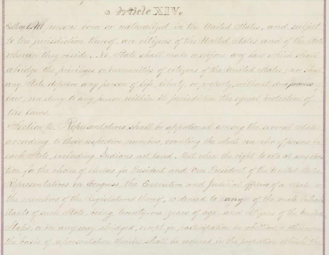 Original Handwritten 14th Amendment, Article XIV, 1866