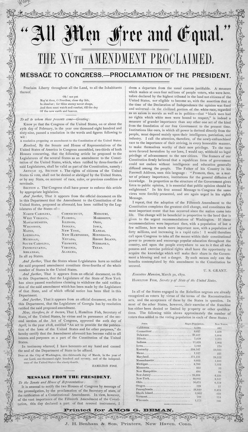 “All Men Free and Equal” — The XVth Amendment Proclaimed (Broadside, 1870)