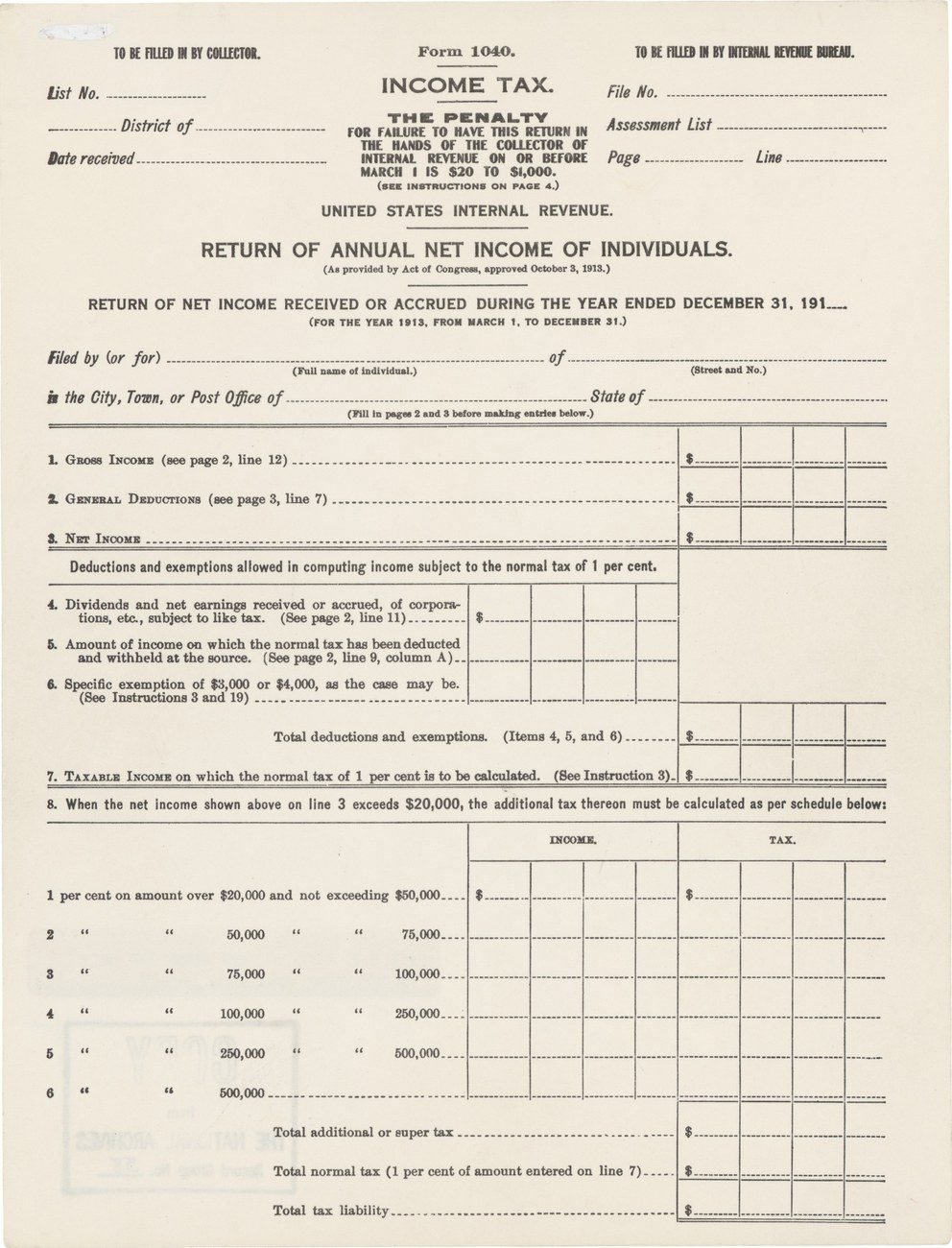 First Federal Income Tax Form, 1913